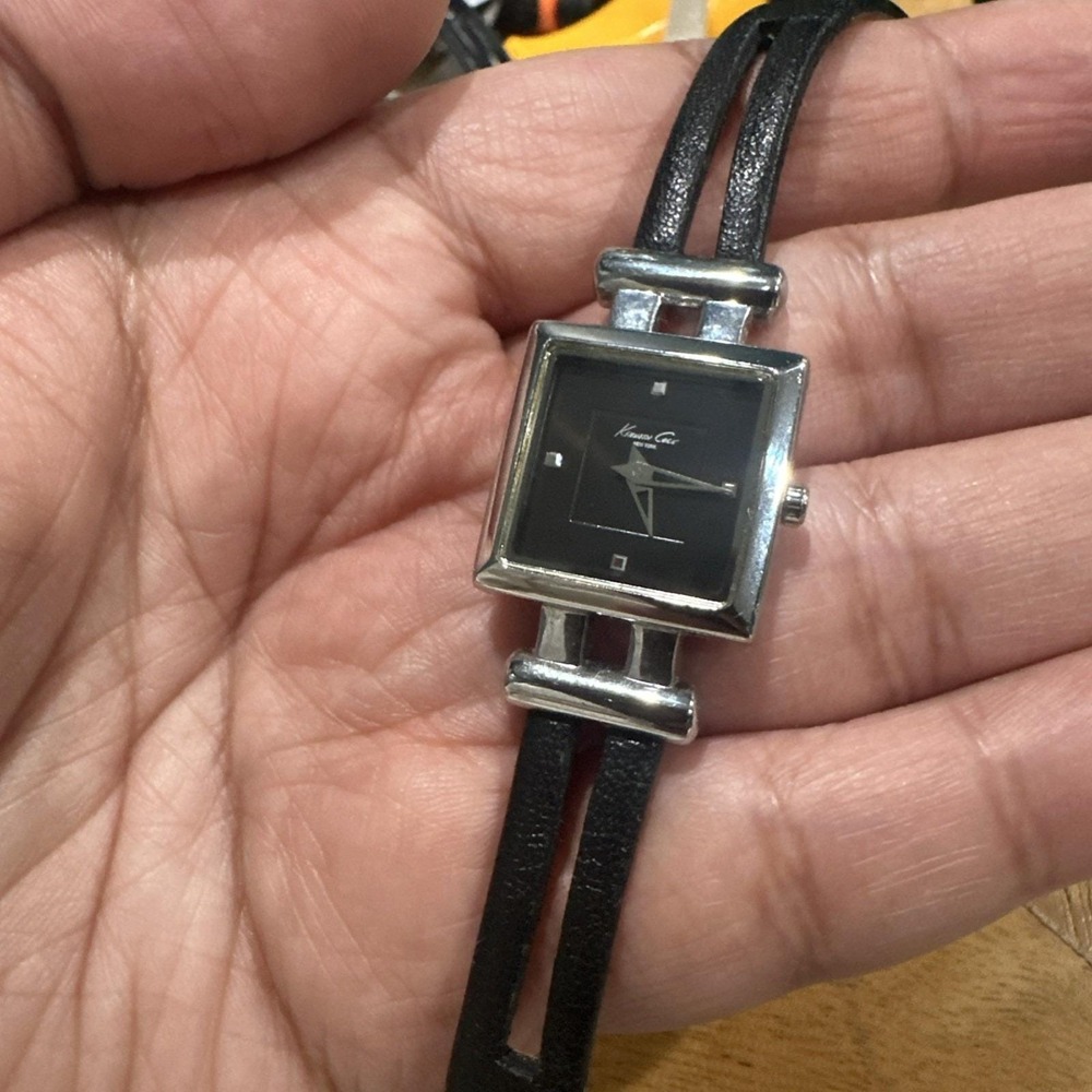 Works Kenneth Cole NY KC2414 Square Silver Tone Black Strap Womens Watch 20mm 7"